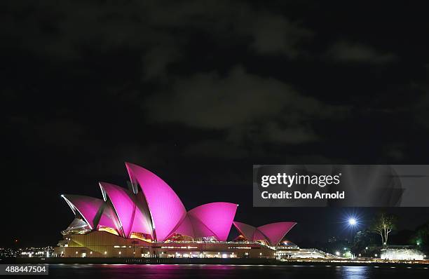 The Sydney Opera House is seen with its sails turned pink to commemorate ten years of placing McGrath Breast Care Nurses in communities across...