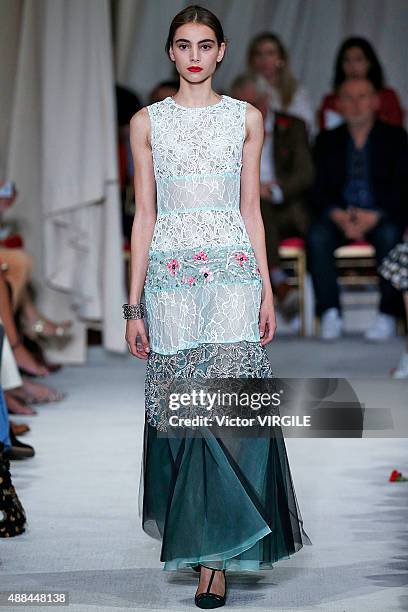 Model walks the runway at the Oscar De La Renta Spring Summer 2016 fashion show during New York Fashion Week on September 15, 2015 in New York City.