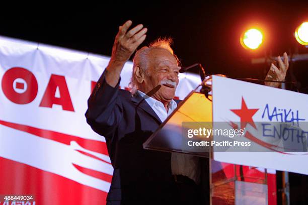 Former SYRIZA and Popular Unity MEP Manolis Glezos addresses the final election rally of the Popular Unity. The speaker of the Hellenic Parliament,...