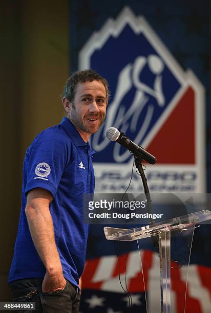 Ben Day of Australia riding for UnitedHealcare Pro Cycling Team addresses the audience as race organizers announce the route of the 2014 USA Pro...