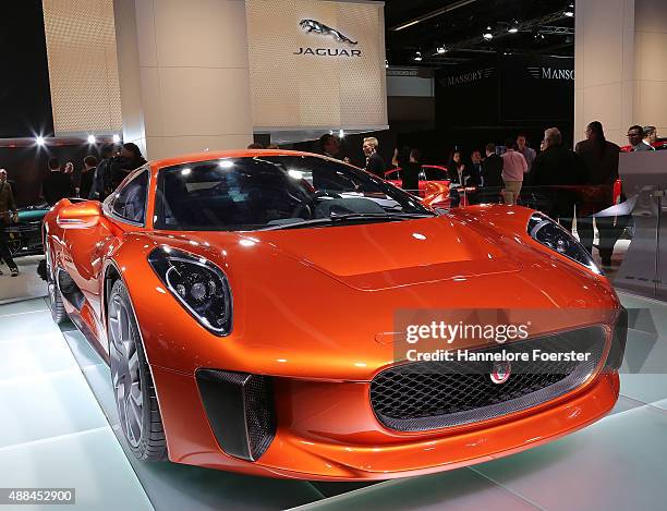 The James Bond Jaguar is diaplayed at the Jaguar stand at the 2015 IAA Frankfurt Auto Show during a press day on September 16, 2015 in Frankfurt,...