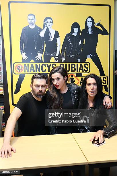 Miguel, Marta Vaquerizo and Mario Vaquerizo of Nancy Rubias sign copies Of their Album 'Amigas' at Callao Fnac Forum on May 6, 2014 in Madrid, Spain.