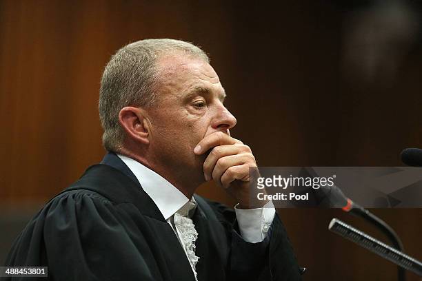 Prosecutor Gerrie Nel questions a defence witness during the murder trial of Oscar Pistorius in the Pretoria High Court on May 6 in Pretoria, South...