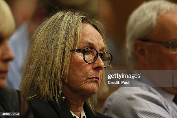 June, mother of Reeva Steenkamp, listens to a witness testifying at the murder trial of Oscar Pistorius in the Pretoria High Court on May 6 in...