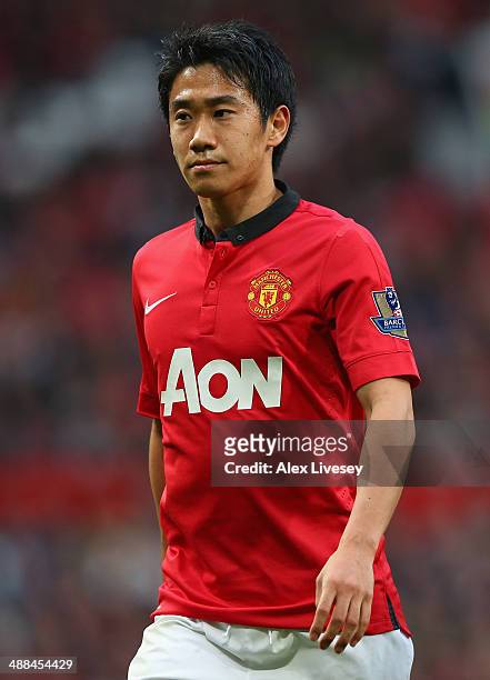 Shinji Kagawa of Manchester United looks on during the Barclays Premier League match between Manchester United and Hull City at Old Trafford on May...