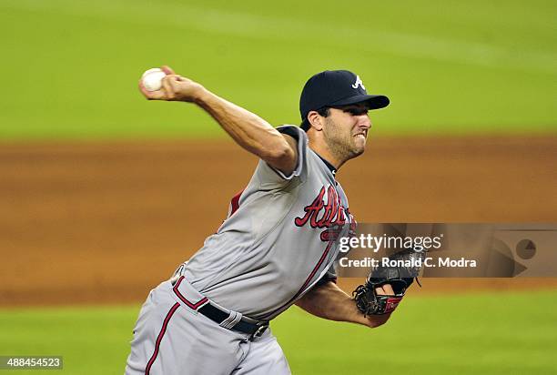 Pitcher David Hale of the Atlanta Braves pitches during a game against the Miami Marlins at Marlins Park on April 30, 2014 in Miami, Florida.