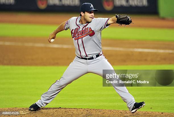 Pitcher David Hale of the Atlanta Braves pitches during a game against the Miami Marlins at Marlins Park on April 30, 2014 in Miami, Florida.