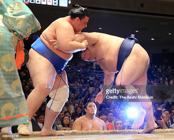 Ozeki Kisenosato pushes Bulgarian wrestler Aoiyama out of the ring to win during day four of the Grand Sumo Autumn Tournament at Ryogoku Kokugikan on...