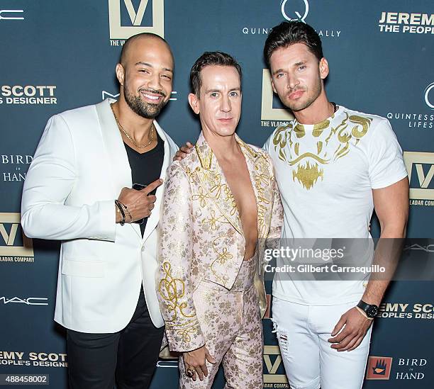 Producer Edwin Mejia, designer Jeremy Scott and director Vlad Yudin attend the 'Jeremy Scott: The People's Designer' New York Premiere at The Paris...