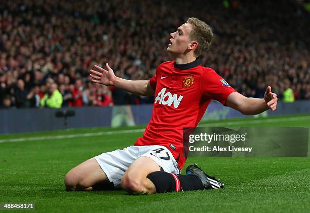 James Wilson of Manchester United celebrates scoring the second goal during the Barclays Premier League match between Manchester United and Hull City...