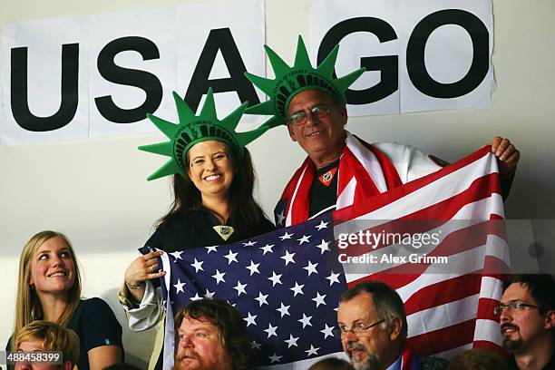 Fans of USA pose during the international ice hockey friendly match between Germany and USA at Arena Nuernberger Versicherung on May 6, 2014 in...