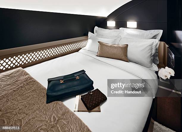 In this handout photo provided by Etihad Airways, a general view of The Residence bedroom is seen on board a Etihad Airways Airbus A380. Etihad...