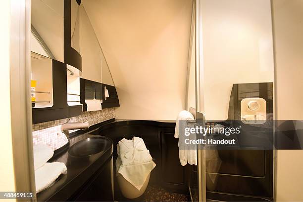 In this handout photo provided by Etihad Airways, a general view of The Residence bathroom is seen on board a Etihad Airways Airbus A380. Etihad...