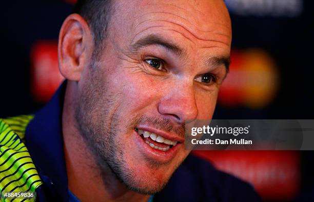 Nathan Grey, Defence Coach of Australia speaks to the media during an Australia media session at the MacDonald Bath Spa Hotel on September 16, 2015...