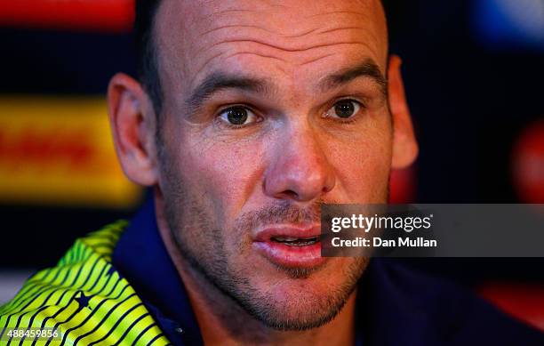 Nathan Grey, Defence Coach of Australia speaks to the media during an Australia media session at the MacDonald Bath Spa Hotel on September 16, 2015...