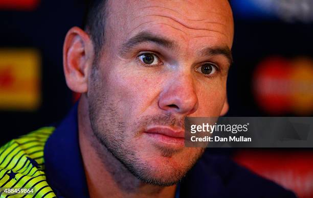 Nathan Grey, Defence Coach of Australia speaks to the media during an Australia media session at the MacDonald Bath Spa Hotel on September 16, 2015...
