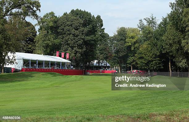 General view of the 18th hole during the Pro Am prior to the start of the 72nd Open d'Italia at Golf Club Milano on September 16, 2015 in Monza,...