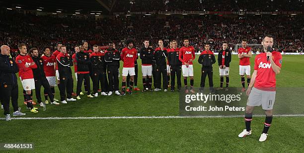 Interim Manager Ryan Giggs of Manchester United addresses the crowd after the Barclays Premier League match between Manchester United and Hull City...