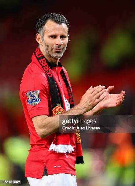 Manchester United Caretaker Manager Ryan Giggs acknowledges the fans at the end of the Barclays Premier League match between Manchester United and...