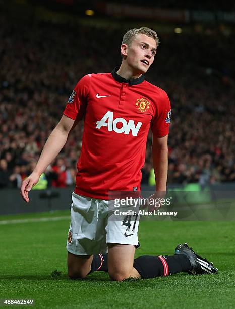 James Wilson of Manchester United celebrates scoring the second goal during the Barclays Premier League match between Manchester United and Hull City...