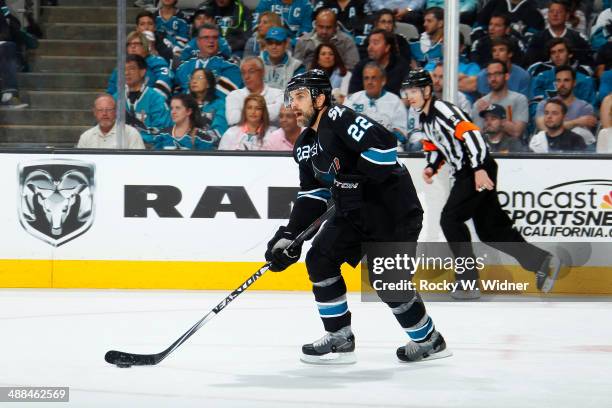 Dan Boyle of the San Jose Sharks skates with the puck against the Los Angeles Kings in Game Seven of the First Round of the 2014 NHL Stanley Cup...