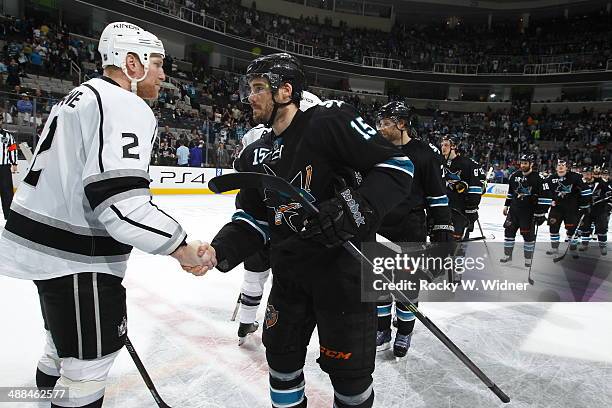 James Sheppard of the San Jose Sharks shakes hands with Matt Greene of the Los Angeles Kings after being eliminated from the playoffs in Game Seven...