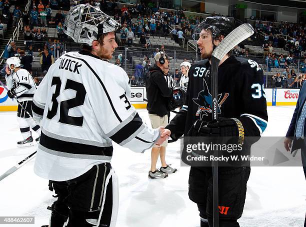 Logan Couture of the San Jose Sharks shakes hands with Jonathan Quick of the Los Angeles Kings after being eliminated from the playoffs in Game Seven...