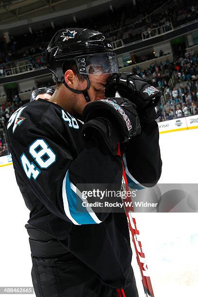 Tomas Hertl of the San Jose Sharks with a look of disappointment after being eliminated by the Los Angeles Kings in Game Seven of the First Round of...