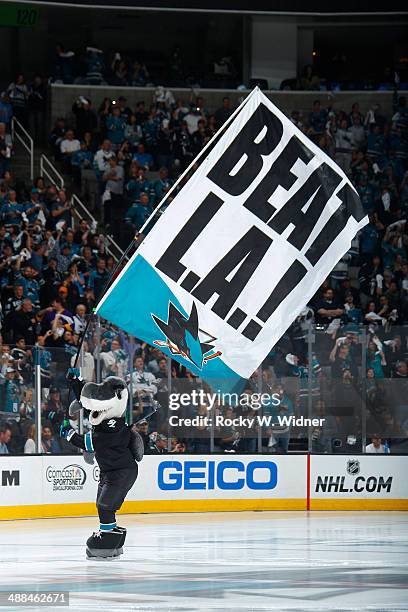 San Jose Sharks mascot S.J. Sharkie excites the fans during the game against the Los Angeles Kings in Game Seven of the First Round of the 2014 NHL...