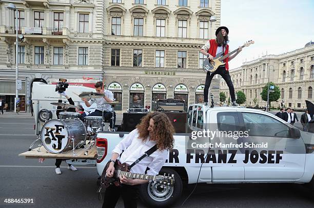Tom, Sham and Can of Kaiser Franz Josef Band arrive at the 'Amadeus' Austrian Music Award at Volkstheater on May 6, 2014 in Vienna, Austria.