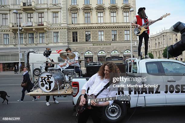 Tom, Sham and Can of Kaiser Franz Josef Band arrive at the 'Amadeus' Austrian Music Award at Volkstheater on May 6, 2014 in Vienna, Austria.