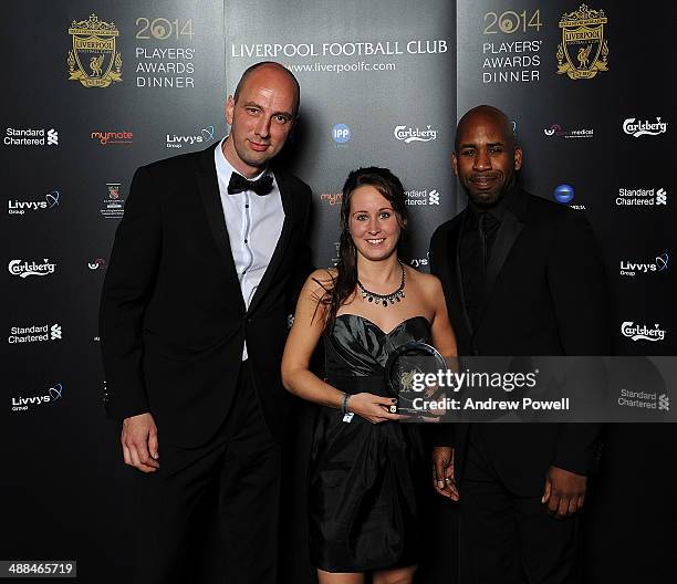 Spoony and Matthew Sanders with Nicole Rolser of Liverpool poses with award during the Liverpool FC 2014 Players' Awards Dinner on May 6, 2014 in...