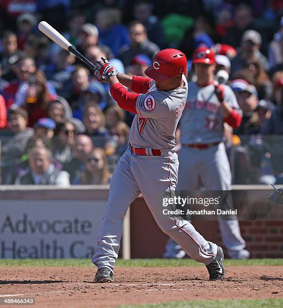 Ramon Santiago of the Cincinnati Reds bats against the Chicago Cubs at Wrigley Field on April 18, 2014 in Chicago, Illinois. The Reds defeated the...