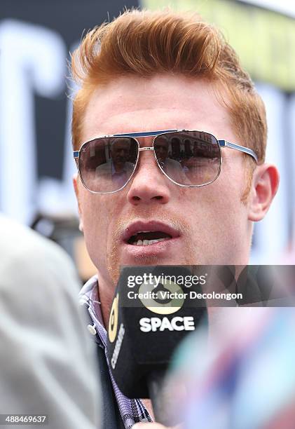 Boxer Canelo Alvarez speaks with the media during the press tour for Canelo Alvarez v Erislandy Lara on May 6, 2014 in Los Angeles, California.