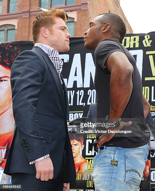 Boxers Canelo Alvarez and Erislandy Lara face off onstage prior to the press conference for Canelo Alvarez v Erislandy Lara on May 6, 2014 in Los...