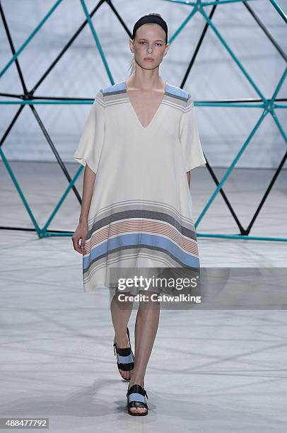 Model walks the runway at the Suno Spring Summer 2016 fashion show during New York Fashion Week on September 16, 2015 in New York, United States.