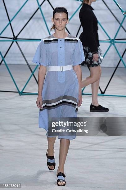 Model walks the runway at the Suno Spring Summer 2016 fashion show during New York Fashion Week on September 16, 2015 in New York, United States.