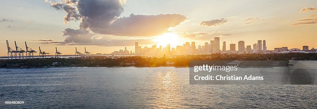 View onto Miami skyline and harbour at sunset