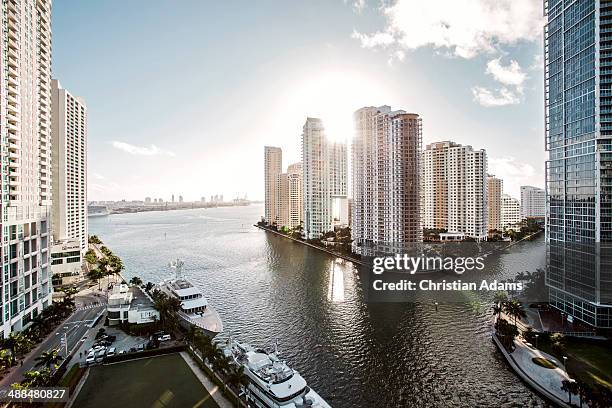 view onto brickel key, miami skyline at sunrise - city of miami fotografías e imágenes de stock