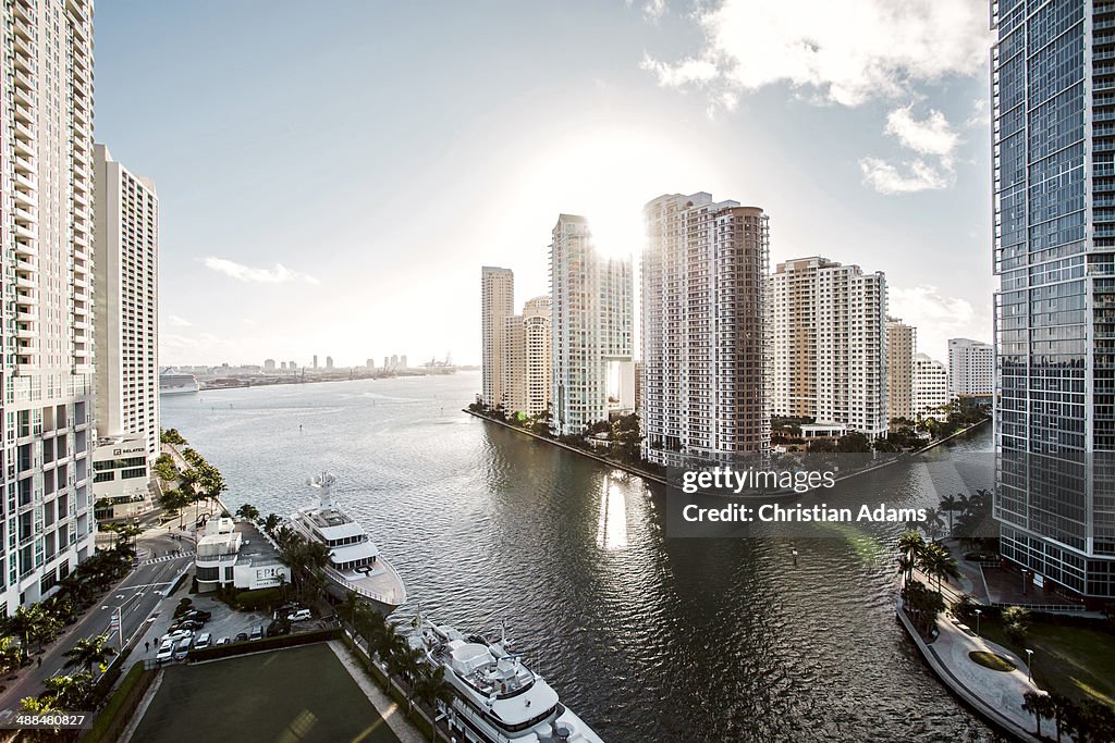 View onto Brickel Key, Miami skyline at sunrise