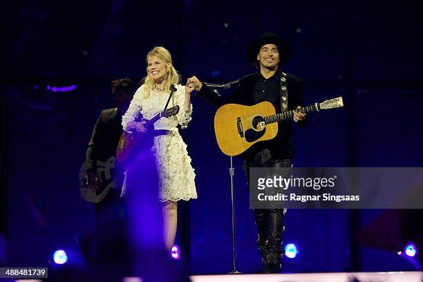 Ilse DeLange and Waylon of the band The Common Linnets from The Netherlands perform on stage during the first Semi Final of the Eurovision Song...