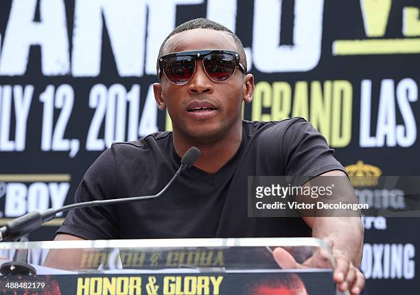 Boxer Erislandy Lara speaks onstage during the press conference for Canelo Alvarez v Erislandy Lara on May 6, 2014 in Los Angeles, California.