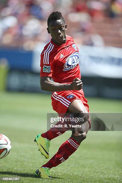 Fabian Castillo of FC Dallas passes the ball down field against the New York Red Bulls at Toyota Stadium in Frisco on May 4, 2014 in Frisco, Texas.