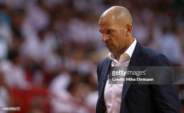 Jason Kidd of the Brooklyn Nets looks on during Game One of the Eastern Conference Semifinals of the 2014 NBA Playoffs against the Miami Heat at...