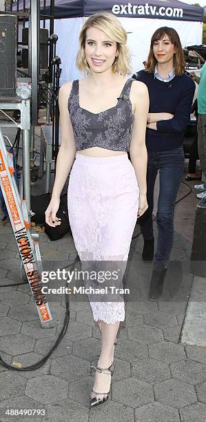 Emma Roberts and Gia Coppola make appearance on "Extra" held at Universal City Walk on May 6, 2014 in Universal City, California.