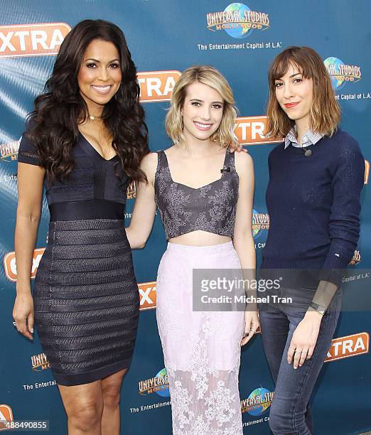 Tracey E. Edmonds, Emma Roberts and Gia Coppola make appearance on "Extra" held at Universal City Walk on May 6, 2014 in Universal City, California.