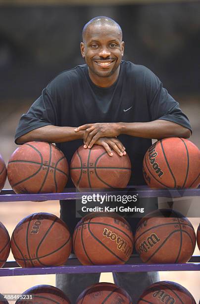 Douglas County High School basketball coach Earl Boykins posed for a photo before an open gym practice Tuesday night, May 6, 2014. Boykins played in...