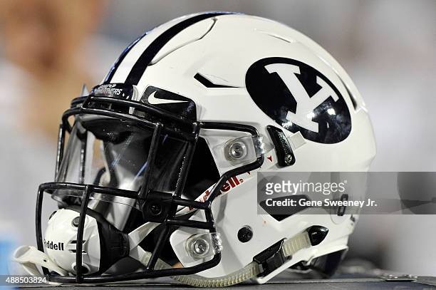 Tight shot of a Brigham Young Cougars football helmet shown during their game against the Boise State Broncos at LaVell Edwards Stadium on September...