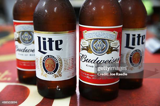 In this photo illustration, bottles of Budweiser and Miller Lite beer are seen on September 16, 2015 in Miami, Florida. Belgium's Anheuser-Busch...