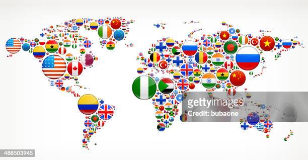 weltkarte mit flagge buttons - international flags stock-grafiken, -clipart, -cartoons und -symbole